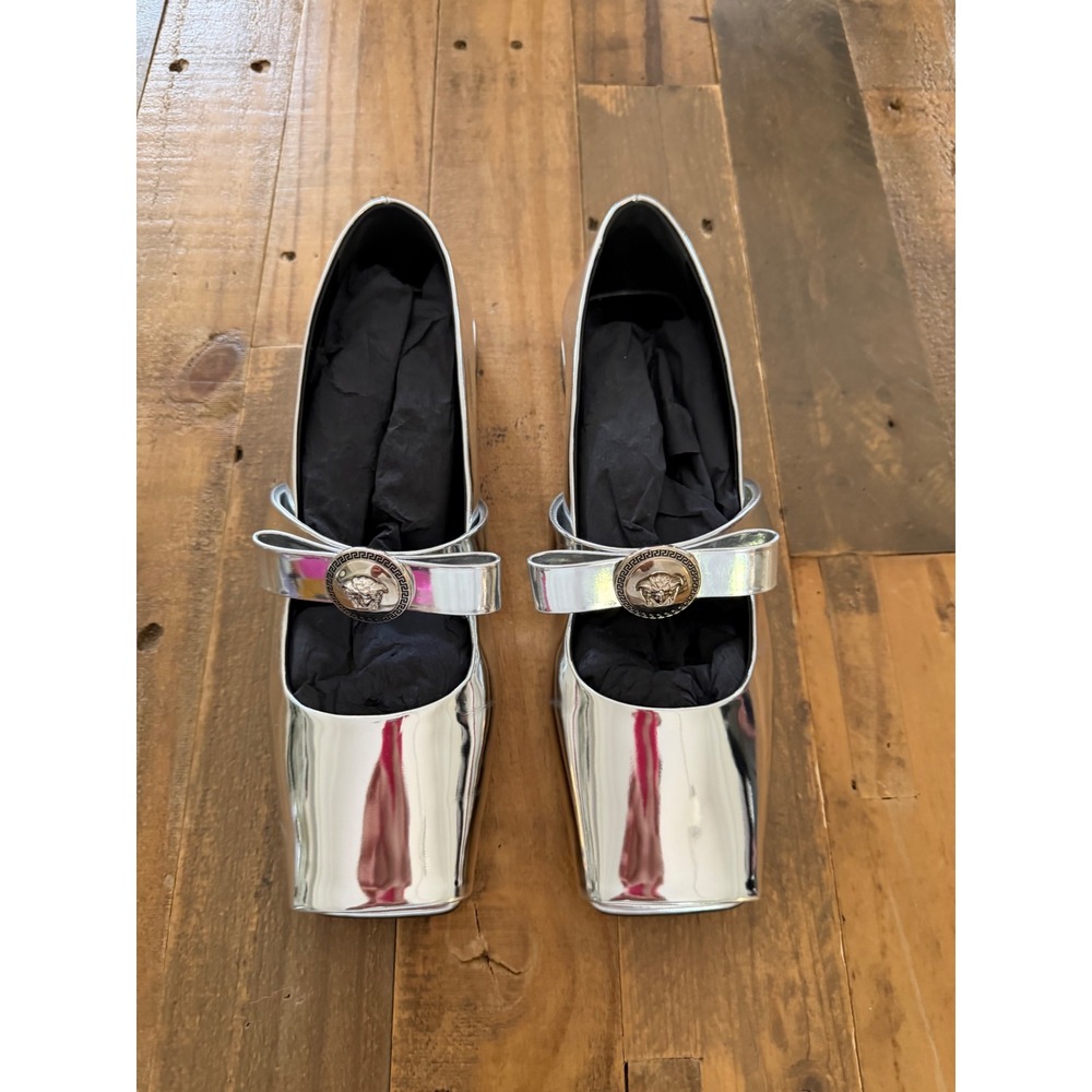 Versace Silver Metallic Medusa Bow Square Toe Mary Jane Flats Size 40